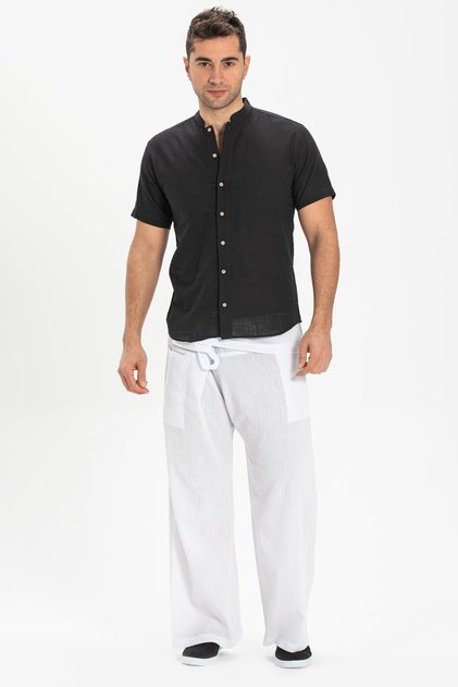 Short Sleeve Slub Cotton Bodrum Summer Men's Shirt Black 3003