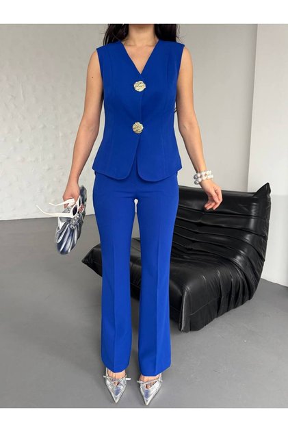 Women's Big Button Detailed Vest Pants Double Set