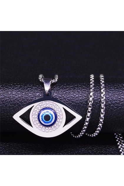 A 50cm BOX SR Islam Hamsa Evil Blue Eye Necklace Stainless Steel Turkish Eye Necklace Greek Jewelry