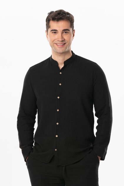 Long Sleeve Judge Collar Men's Muslin Summer Shirt Black Black