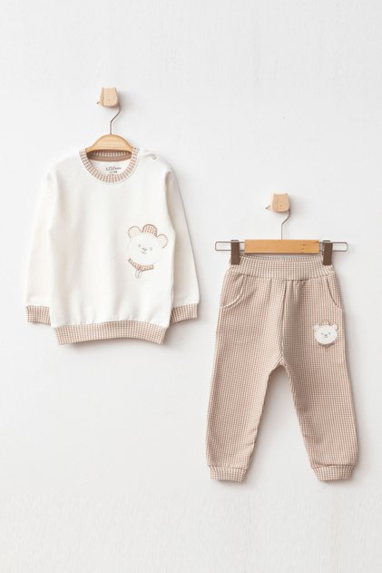 Erkek Bebek Ayı Nakışlı Sweatshirt Pantolon 2 'li Alt Üst Bebek Takımı 3 Ay - 36 Ay