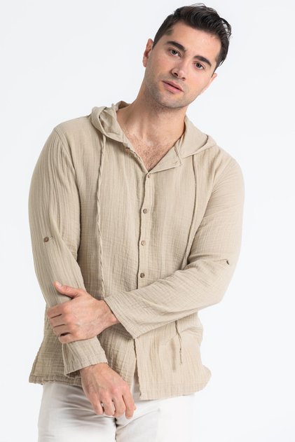 Uzun Kol Erkek Kapüşonlu Yazlık Müslin Sweatshirt Vizon Vzn