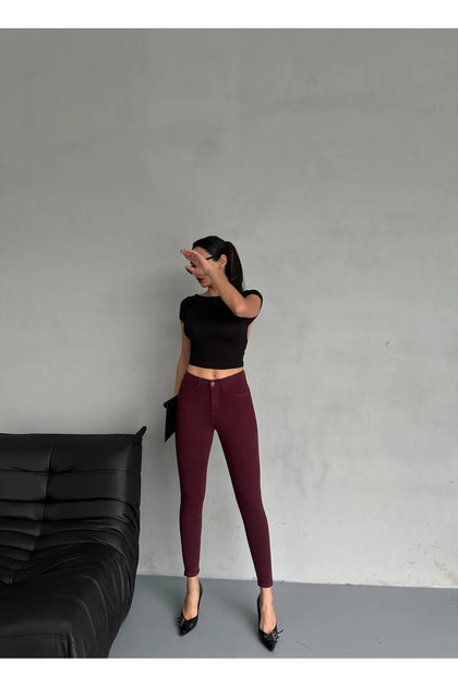 Toparlayıcı bordo pamuklu havuc paca jean pantolon
