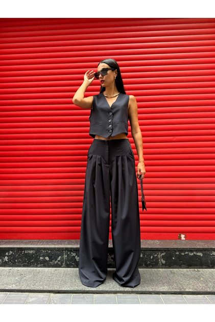 Navy Blue Pleated Oversize Polyviscon Trousers 28005