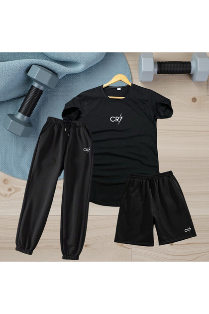 Combinație de 3 piese slim-fit unisex tricou-pantaloni scurți-pantaloni de trening CR7-Cristiano Printed