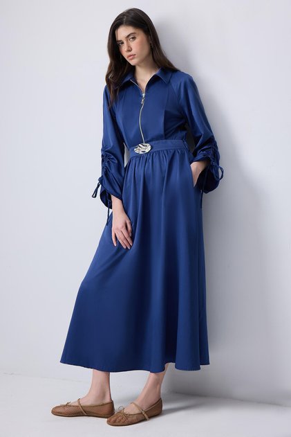 Metal Brooch Dress with Shirred Sleeves