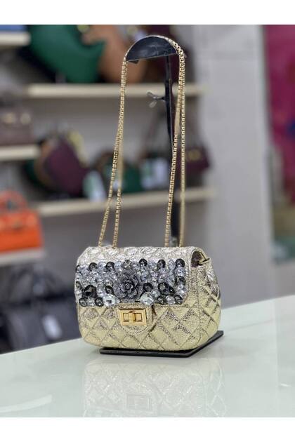 Crystal Stone & Flower Detail Shiny'' Mini Size'' Women's Shoulder Bag
