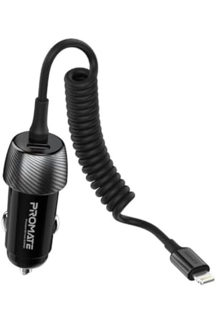 Car Charger with Built-In Lightning Charging Coiled Cord