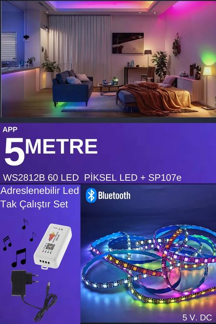 Ws2812b 60 Led Sp107e Bluetooth Tak Çalıştır Müzik -animasyon Kontrol Piksel Led/ 5 Metre Set