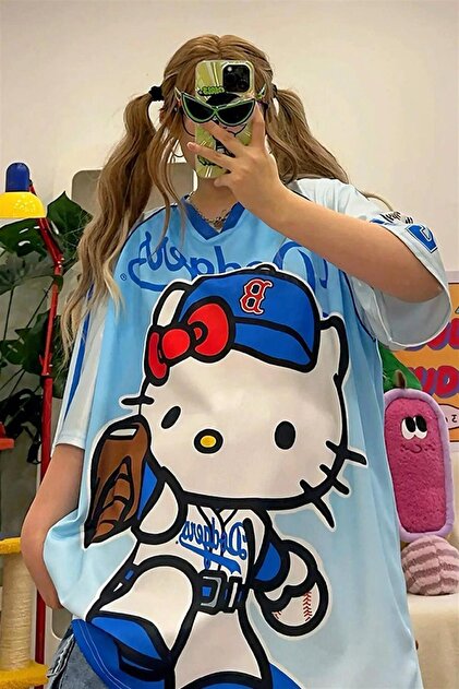 rengarenk outlet Mavi Hello Kitty Dodgers Forma Unisex T-shirt