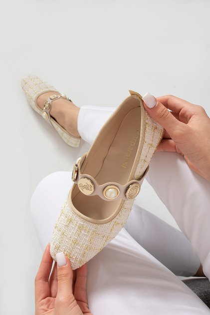 Tweed Pearl Detailed Closed Back Low Heeled Mary Jane Daily Beige Straw Women's Ballerinas