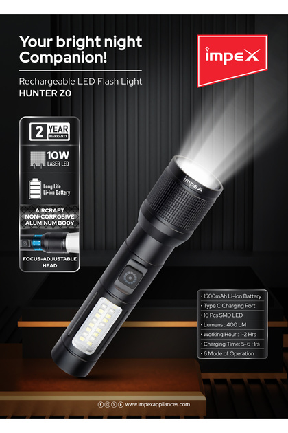 مصباح يدوي LED قابل لإعادة الشحن بقوة 10 واط مع ليزر | تركيز قابل للتعديل | شحن من النوع C | 400 لومن