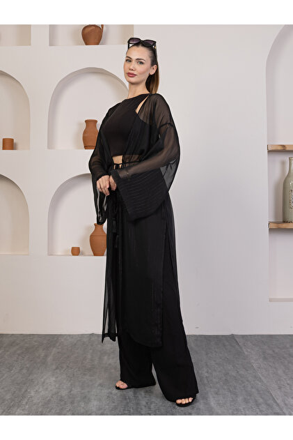 QYMOS PRIVE Qymos Prıve Düz Siyah Kimono Kaftan İnce Gümüş Sim