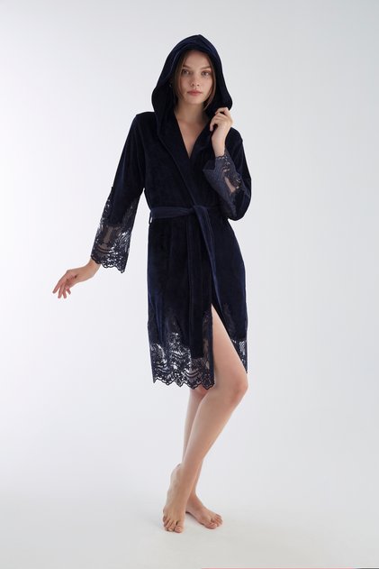 Lace Short Hooded Niki Velvet Bamboo Cotton Dressing Gown