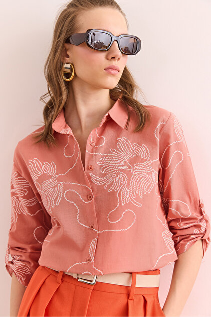 Women's Chain Dusty Rose Folded Sleeve Linen Shirt GML-19000825