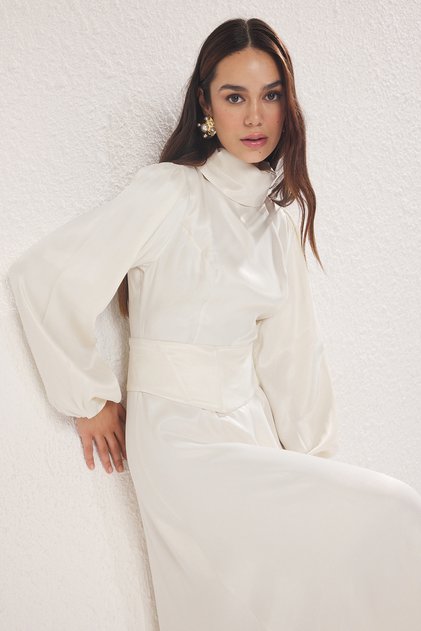Rochie de mireasă/ocazie specială din satin țesut, cu detalii corset ecru TCTSS25DB00020