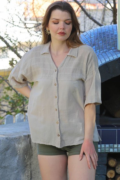 Beige Shirt Collar Short Sleeve Buttoned Washable Slit Casual Woven Shirt 66 60