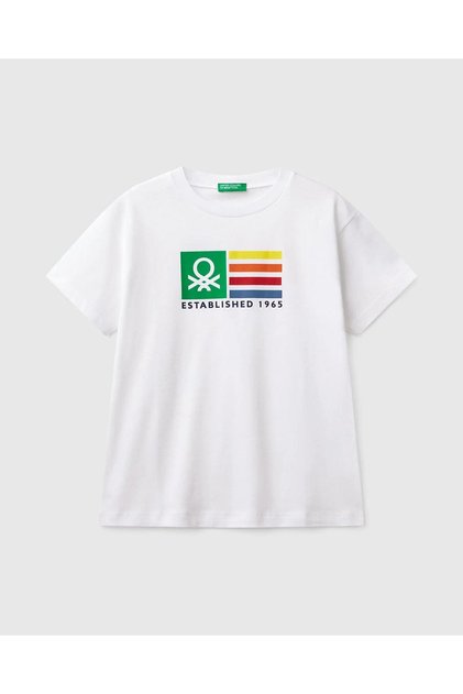 Boy's White Benetton Logo Printed T-Shirt