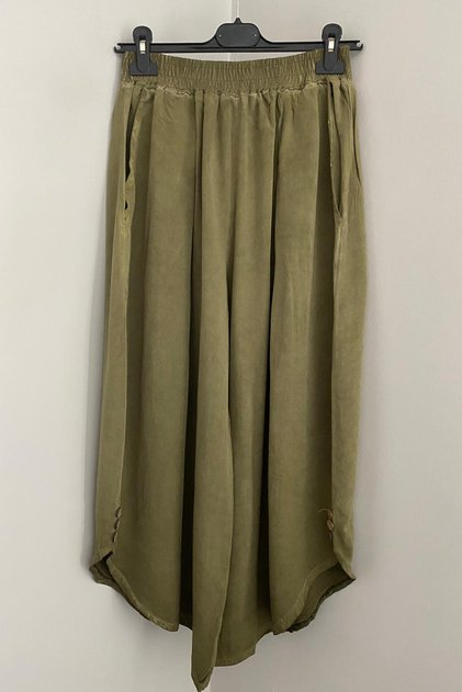 Women's Khaki Elastic Slit Buttoned Antique Trousers with Loose Legs