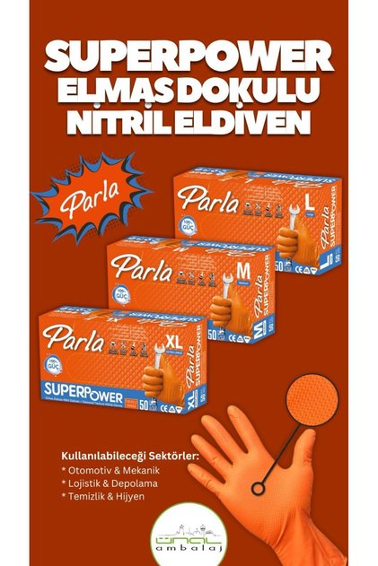 Parla SüperPower Çok Amaçlı Nitril Pudrasız Turuncu Eldiven 50li Paket