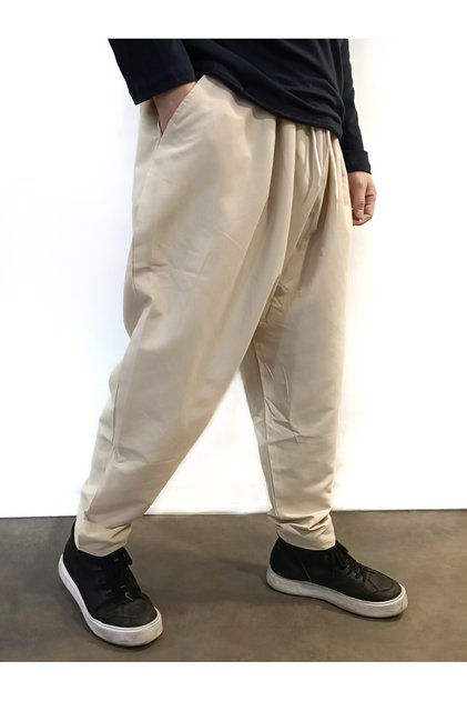 Elastic Pleated Shalwar Trousers - Beige