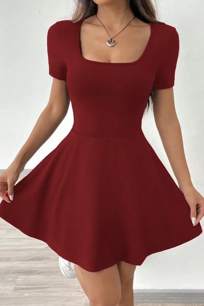 Kare Yaka Kloş Mini Elbise JT7064