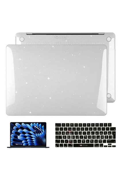 Apple Macbook Air 15 Inç A2941 A3114 A3241 M2 M3 M4 Ile Uyumlu Simli Kılıf Siyah Klavye Kılıfı Film