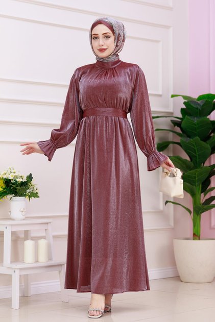 Glitter Alya Evening Dress with Flounces on the Sleeve - Burgundy