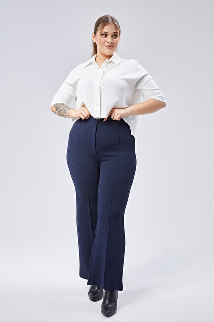 High-Waisted, Wide-Leg, Zippered, Plus-Size Women's Trousers - Navy Blue 6XL