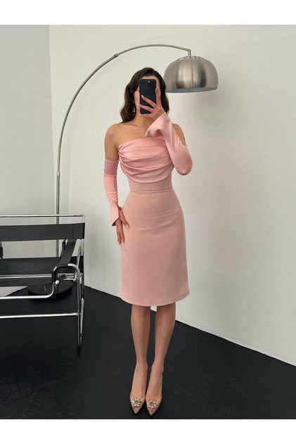 Powder Satin Sleeve Detailed Midi Evening Dress