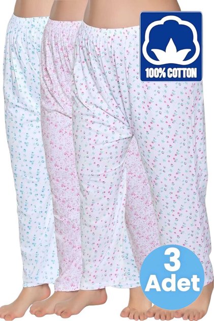 Women's 100% Cotton Patterned Printed Elastic Long Pajamas Plain Long Johns Set of 3