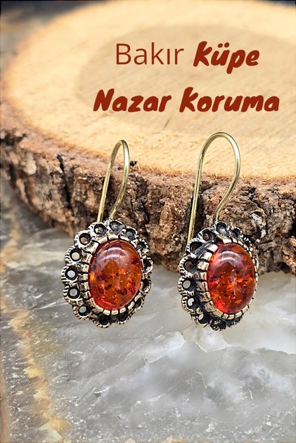 Bakır Kehribar Küpe Kaliteli Saf Bakır Özel Üretim ( Hediyelik , Özel Gün , GÜnlük )