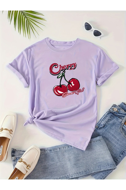 Cherry Printed T-Shirt for Girls with Crew Neck