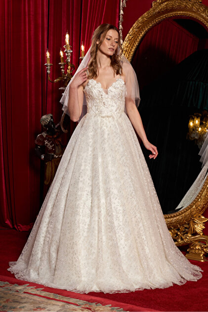 Lenta Moda White Lurex Leaf Pattern Skirt and Lace Overlay Wedding Dress-  Trendyol