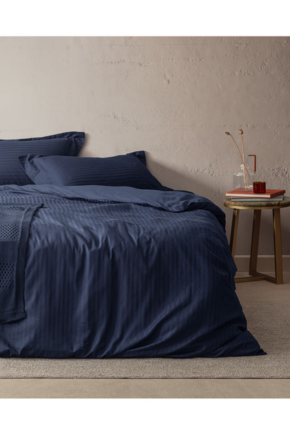 Elicia Double 100% Cotton Striped Satin Duvet Cover Set - Navy Blue