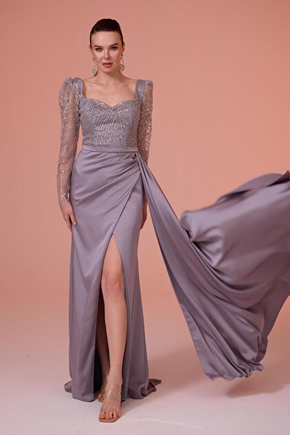 CARMEN Silver Long Sleeve Embroidered Satin Evening Dress- Trendyol