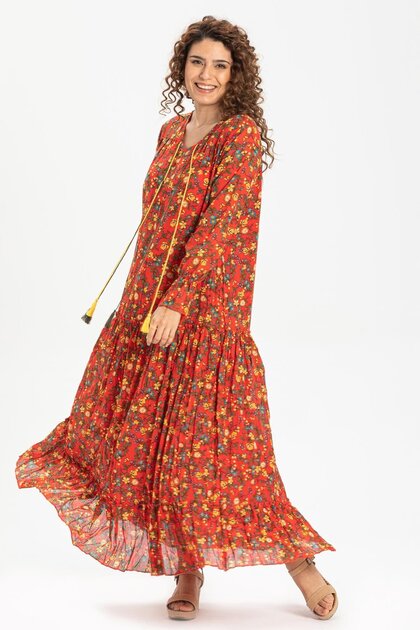 Rochie Gonca lungă de vară, cu mânecă lungă, din voal, cu imprimeu boboci, portocaliu, 6168