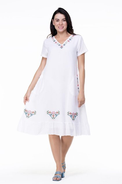 Short Sleeve Voile Moonlight Embroidery Detailed Midi Length Summer Authentic Dress White Byz