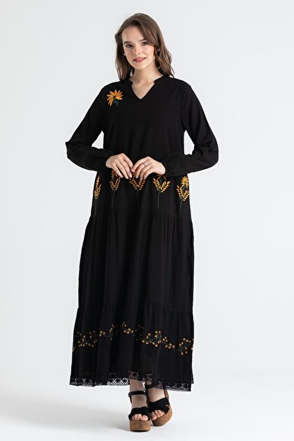 Eliş Şile Bezi Long Sleeve Şile Cloth, Black Embroidered Summer