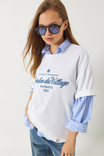Women's White Embroidery Detailed Oversize Basic T-Shirt 6008 60283089