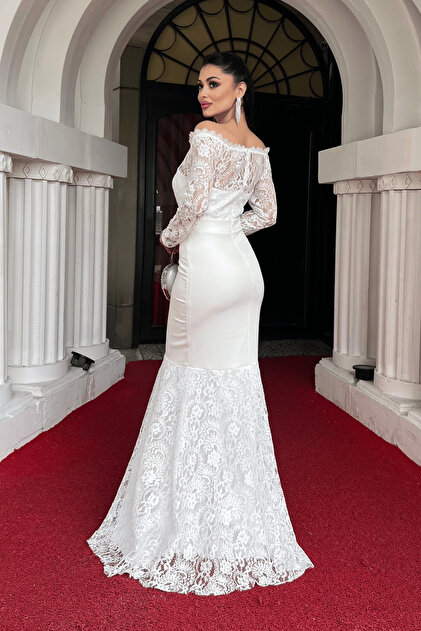 knee length dresses for ladies Fitted Lace Wedding Dress with Slit from French Lace main image 1
