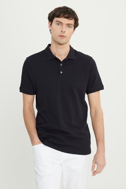 Men's Black Cotton Slim Fit Slim Fit Polo Neck Jacquard Stretch T-Shirt