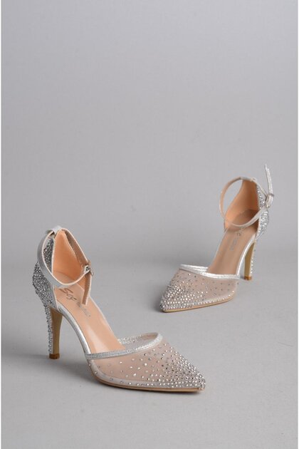 Seç 738 Stone-Embellished Tulle Detailed Evening Dress Shoes (Heel Height: 9 cm) Silver