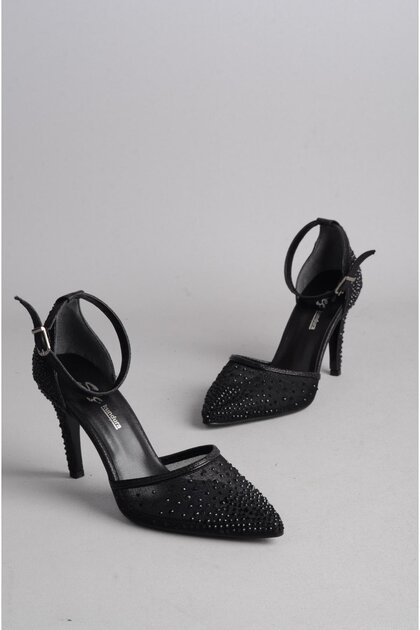 Seç 738 Stone-Embellished Tulle Detailed Evening Dress Shoes (Heel Height: 9 cm) Black