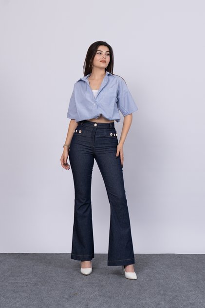 Kadın Kışlık Laci Jeans Yüksek Bel Ön Süs Cepli Düğme Detaylı Denim Likralı Pantolon Rahat Günlük Ofis Şık 30173