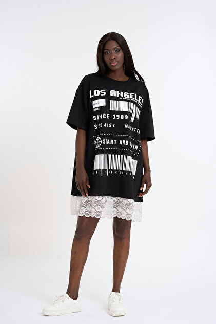 HANIQA Plus Size Skirt Lace Printed T-Shirt Dress- Trendyol