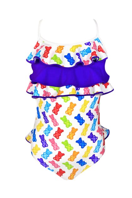 Strappy Colorful Teddy Bear Patterned Ruffled Girl's Swimsuit by Nessi Byrd
