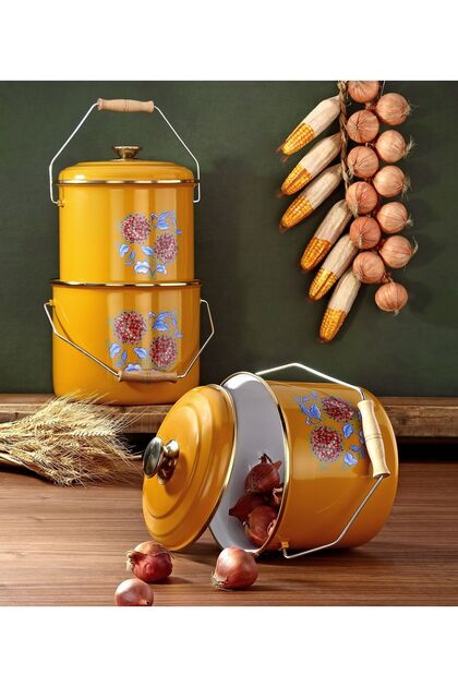 Bonera Emaye 3'lü Hardal Sarısı Bakraç Set, 20-22-24cm Yoğurt