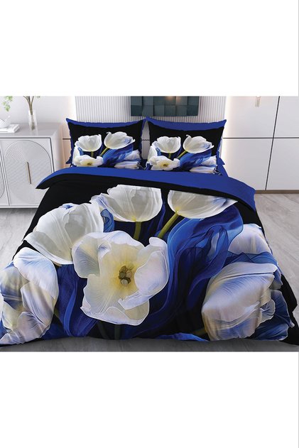 White Flowers Digital Printed 3D 3 Dimensional Double Duvet Cover Set Code: Casper
