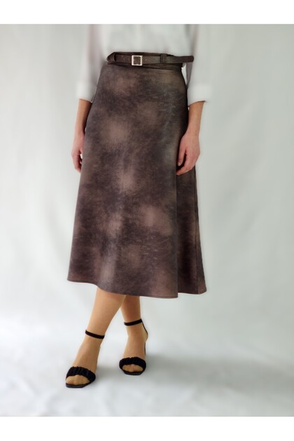 Leather Look Brown Belt Detail Midi Length Skirt